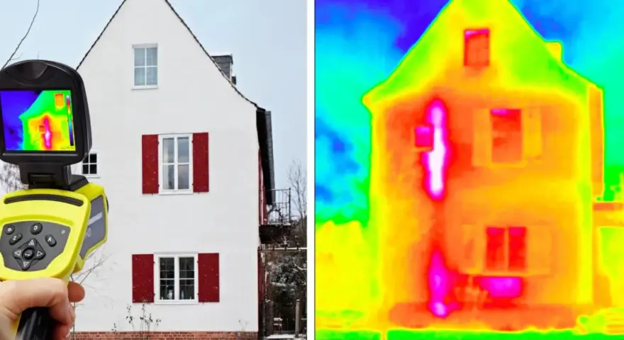 Kamera termowizyjna pokazuje dom, ujawniając **mostki termiczne** jako jasne, gorące plamy.