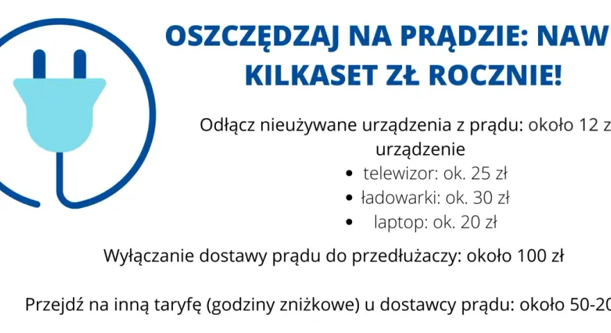 Grafika z wtyczką symbolizującą oszczędzanie prądu. Podano sposoby na obniżenie rachunków za prąd, np. odłączanie urządzeń.