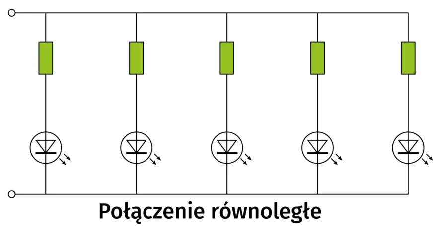 Schemat połączenia równoległego pięciu diod LED, z których każda ma swój rezystor ograniczający prąd.