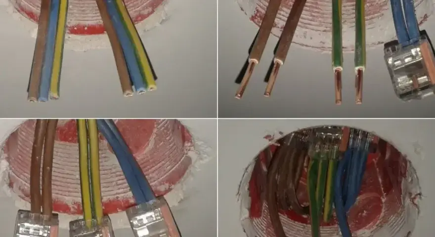 Instalacja elektryczna: jakie kabel do gniazdek? Widać przewody fazowe, neutralne i ochronne w puszkach instalacyjnych.