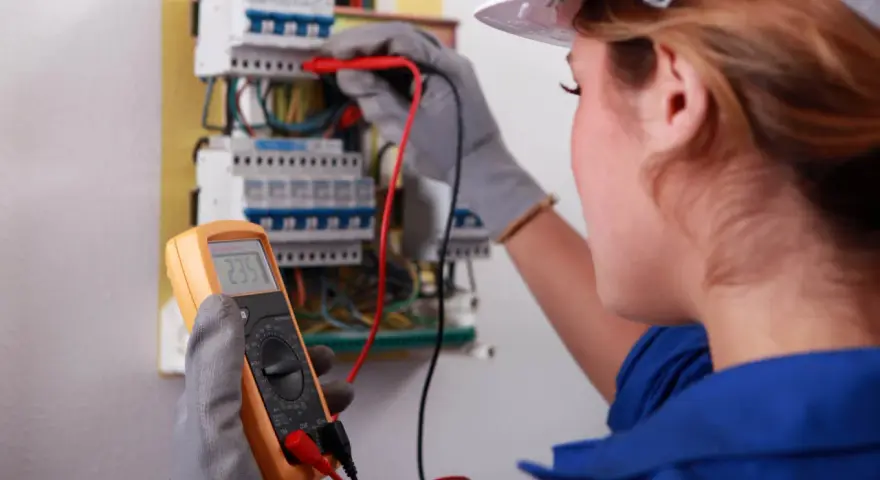Kobieta w białym kasku i niebieskim kombinezonie wykonuje przegląd instalacji elektrycznej, używając multimetru do pomiaru napięcia.