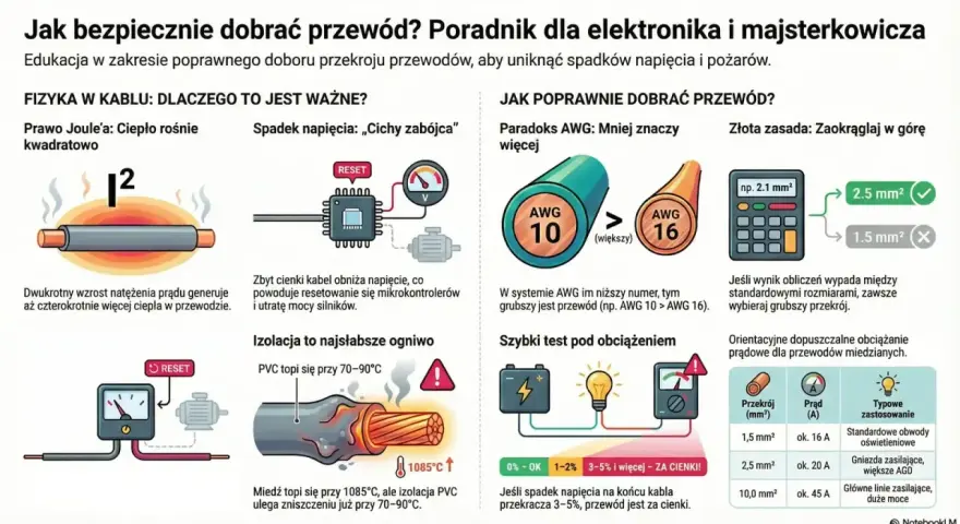 Przewód zbyt cienki powoduje spadki napięcia, przegrzewanie i pożary. Wybieraj grubszy przekrój, by uniknąć problemów.