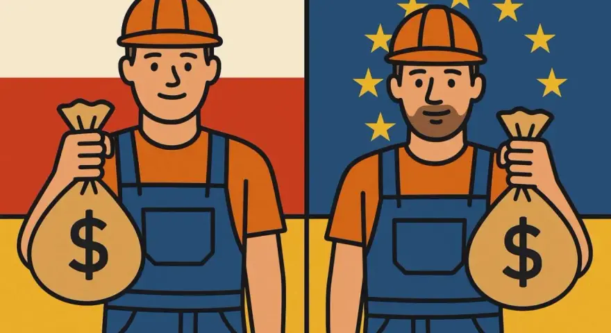 Dwaj pracownicy z workami pieniędzy. Jeden stoi na tle flagi Polski, drugi na tle flagi UE. Porównanie kosztów instalacji elektrycznej.