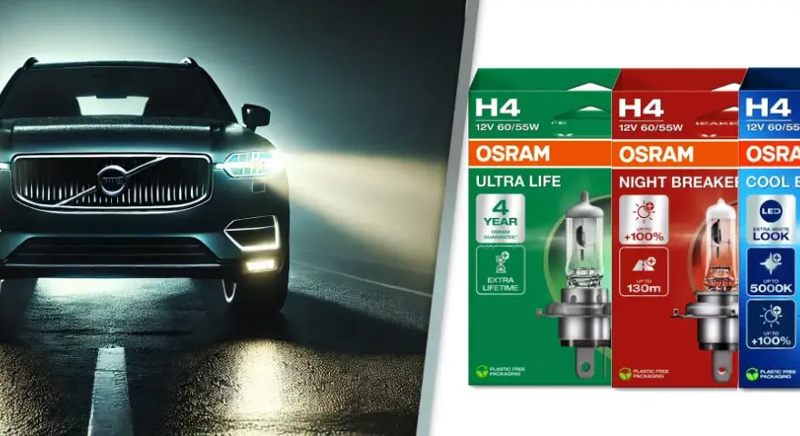 Ciemny samochód z włączonymi światłami pozycyjnymi na mokrej drodze. Obok opakowania żarówek OSRAM H4: Ultra Life, Night Breaker, Cool Blue Intense.