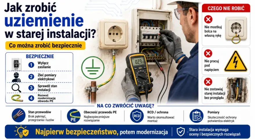 Elektryk sprawdza uziemienie w starej instalacji multimetrem. Poradnik: jak zrobić uziemienie w starej instalacji bezpiecznie.