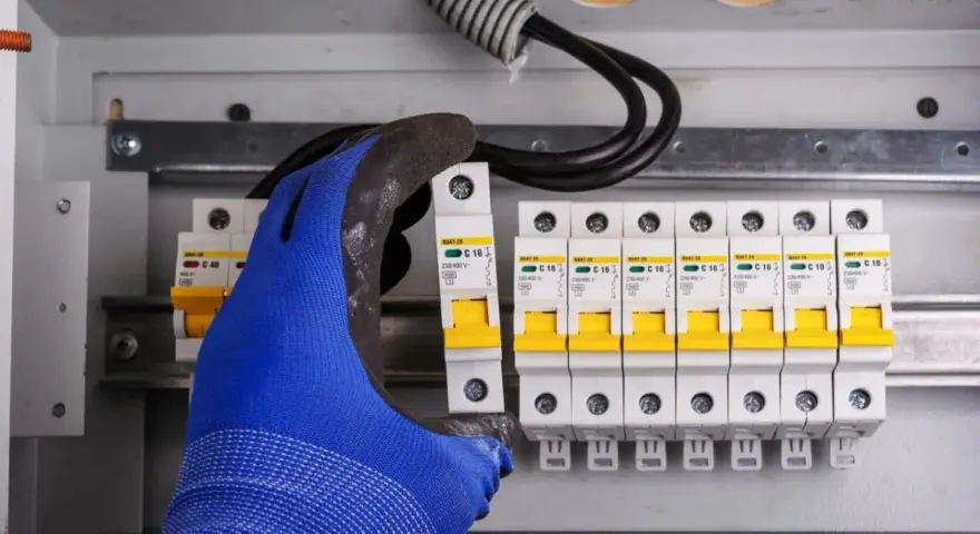 Ręka w niebieskiej rękawicy montuje bezpiecznik w skrzynce elektrycznej. Obok widać rząd innych bezpieczników i przewody. To ważny element instalacji, chroniący przed skutkami wyładowań, jak odgromnik.
