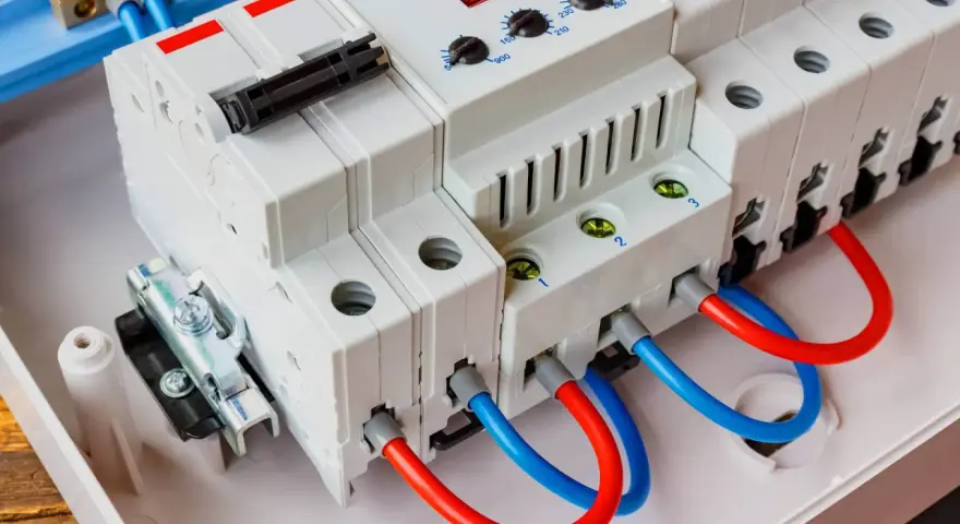 Montaż ogranicznika przepięć. Widoczne białe moduły elektryczne z czerwonymi i niebieskimi przewodami, gotowe do podłączenia.