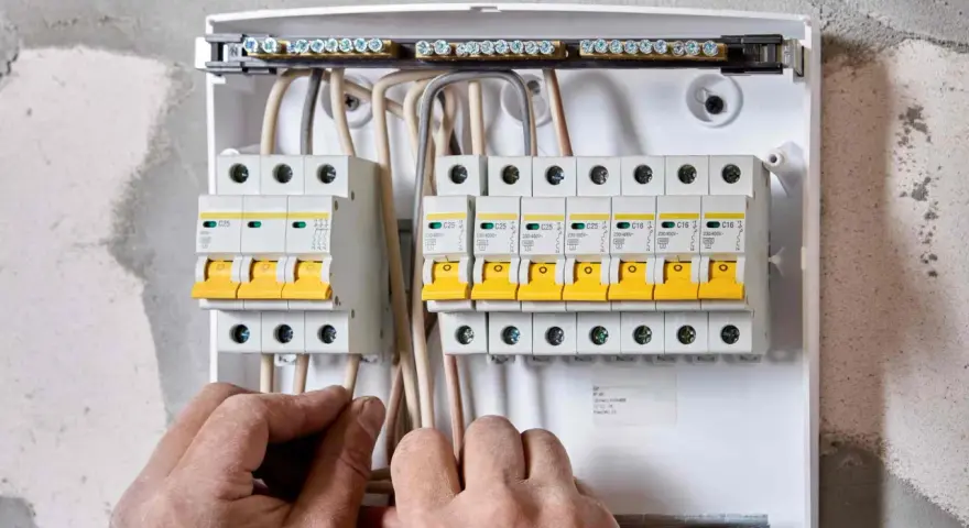 Ręce elektryka podłączają przewody do skrzynki z bezpiecznikami. Widać wlz, czyli rozdzielnicę z wyłącznikami nadprądowymi.