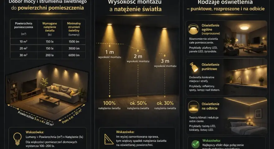 Dobór oświetlenia: 10 m² potrzebuje 1500 lm (150 lx), 20 m² - 3000 lm (150 lx), 30 m² - 6000 lm (200 lx).