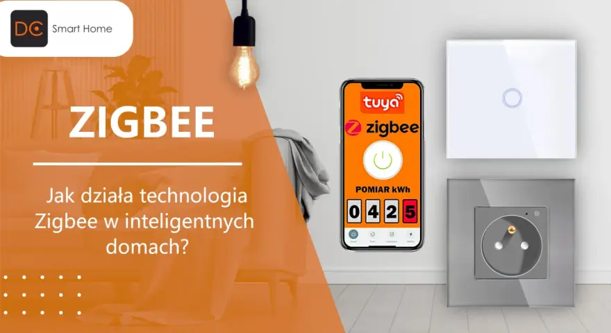 ZIGBEE to technologia dla inteligentnych domów. Na ekranie telefonu widać aplikację Tuya z pomiarem kWh, obok włącznik światła i gniazdko.