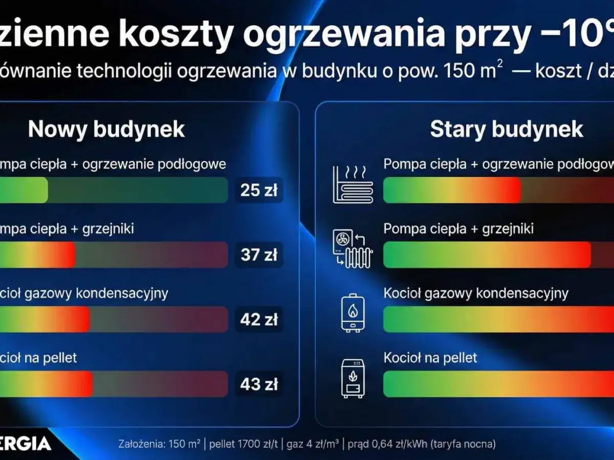 Porównanie kosztów ogrzewania domu 150 m² zimą. Sprawdź, jakie ogrzewanie do domu będzie najtańsze: pompa ciepła czy kocioł gazowy/na pellet.