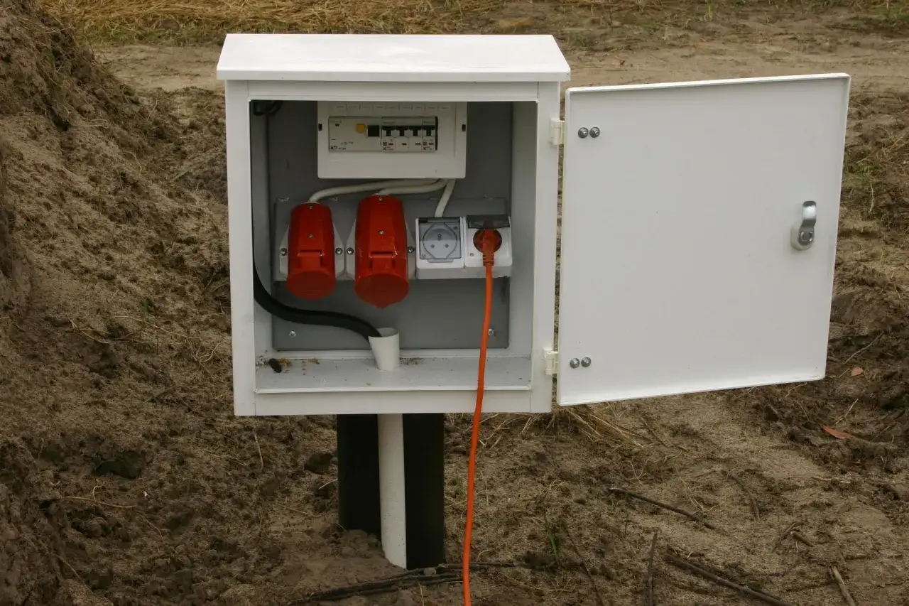 Skrzynka elektryczna na działce bez domu, gotowa do podłączenia prądu. Pomarańczowy kabel wpięty do gniazdka.