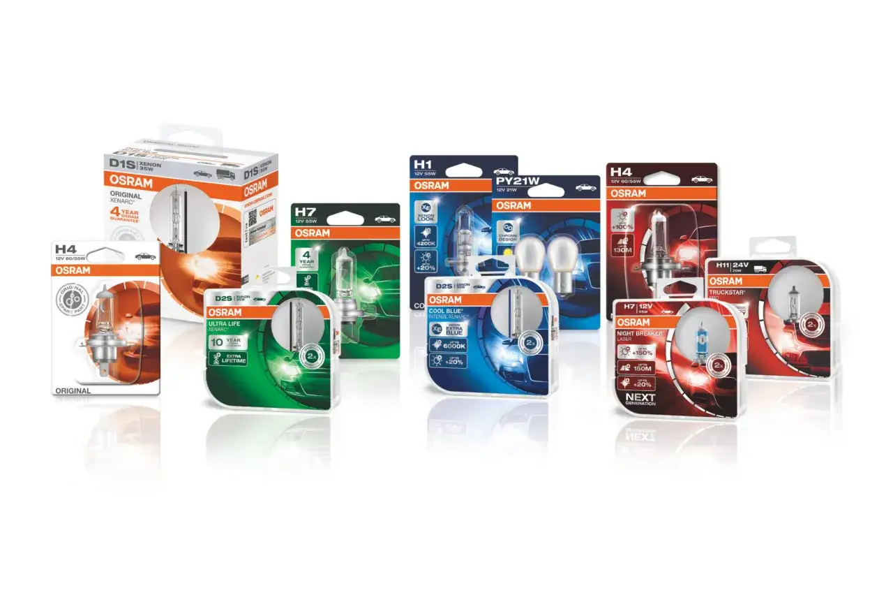 Zestaw żarówek samochodowych OSRAM: D1S, H4, H7, H1, PY21W, D2S, H11. Różne rodzaje świateł drogowych i pozycyjnych.