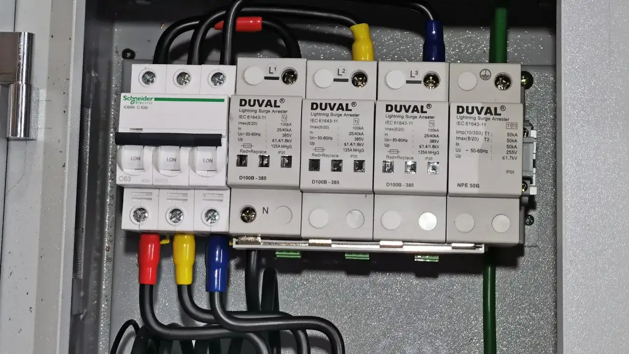 Instalacja ochrony przeciwprzepięciowej do domu jednorodzinnego: trzy ograniczniki typu 2 (DUVAL) i jeden typu 1+2 (NPE 50B) w rozdzielnicy.