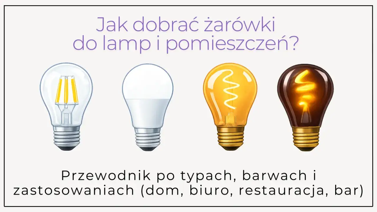 Cztery żarówki: LED filament, nowoczesna LED, tradycyjna żarowa i ozdobna. Przewodnik po doborze oświetlenia, np. do salonu Polux.