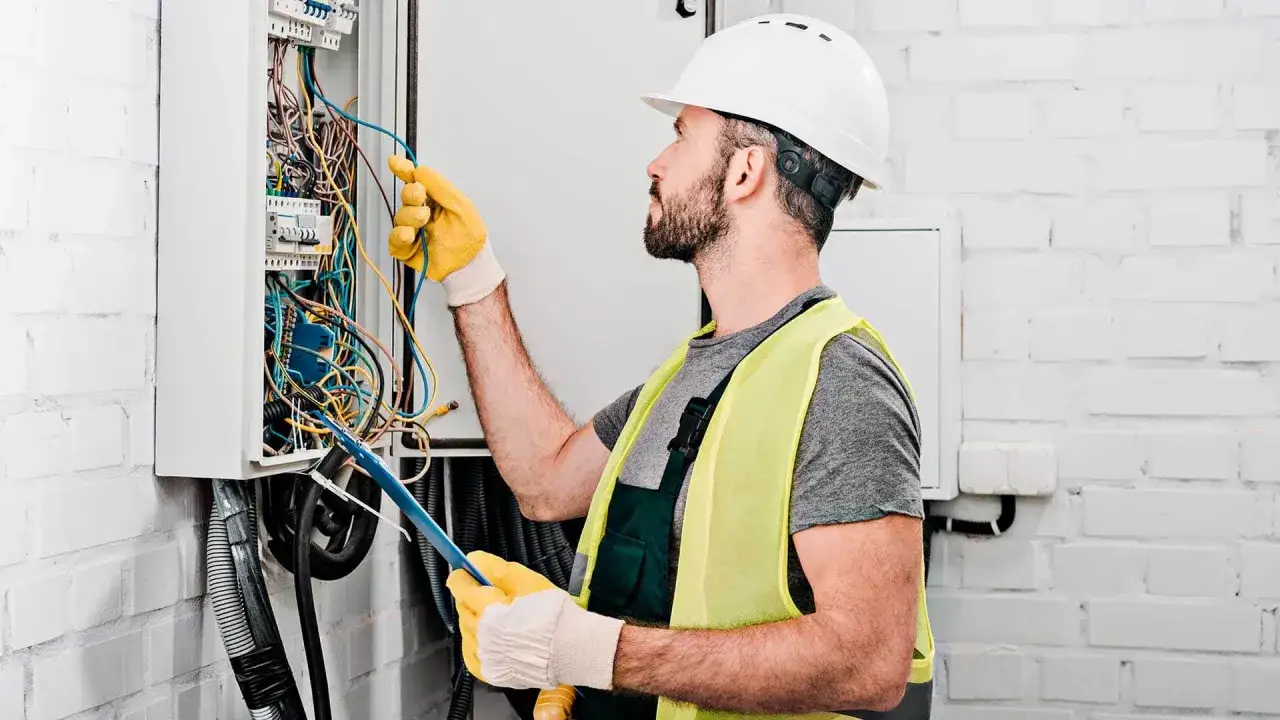 Elektryk w kasku i kamizelce odblaskowej pracuje przy skrzynce z przewodami. Sprawdź nasz cennik usług elektrycznych.