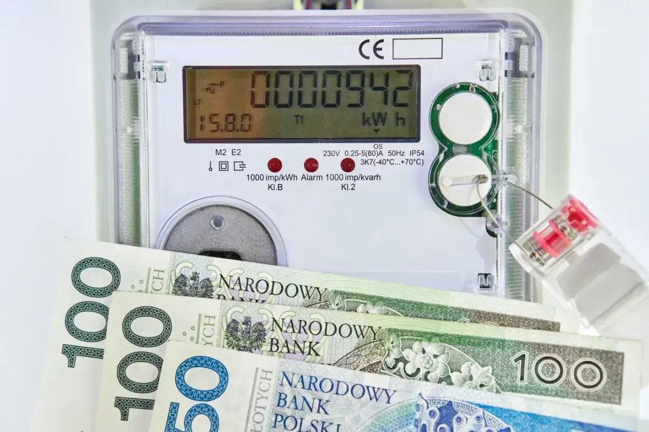 Licznik energii elektrycznej z polskimi banknotami. Rachunek za prąd to spory dodatek do domowego budżetu.